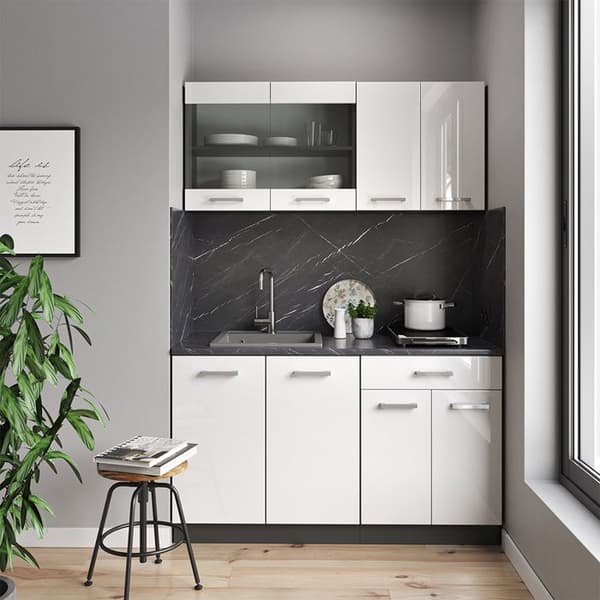 R-Line kök, 140 cm, PT Marble, Blank vit/Antracit, Vicco