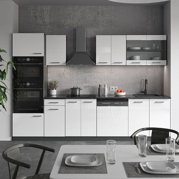 R-Line kök, 300 cm med högskåp, PT Marble, Blank vit/Antracit, Vicco