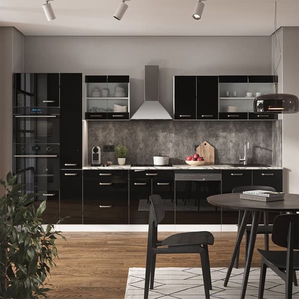 R-Line kök, 350 cm med högskåp, PT Antracit, Blank svart/Vit, Vicco