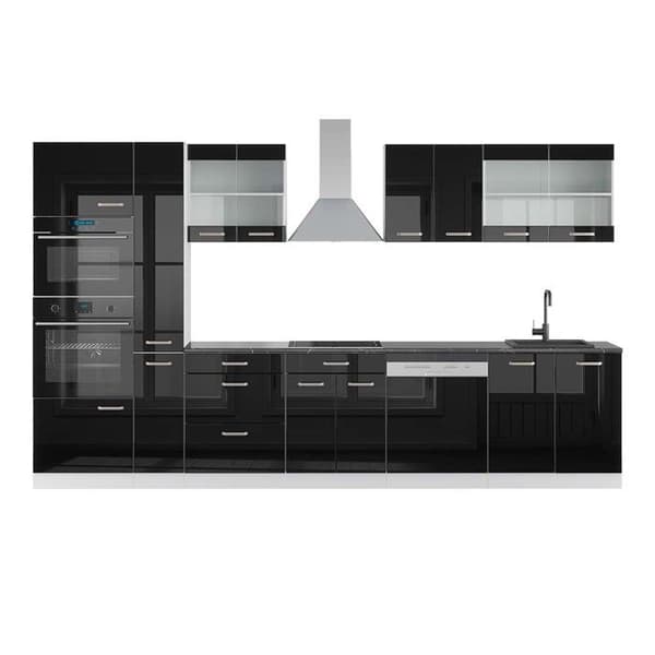 R-Line kök, 350 cm med högskåp, PT Antracit, Blank svart/Vit, Vicco