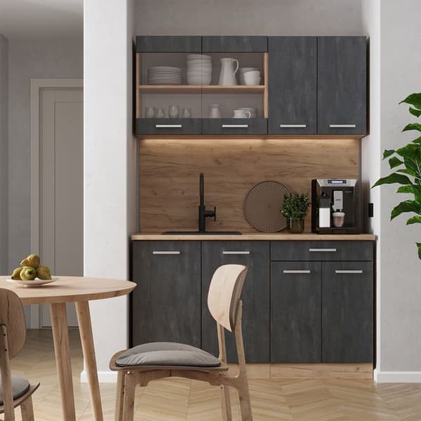 R-Line kök, 140 cm PT Ek, Svart betong/guld ek, Vicco