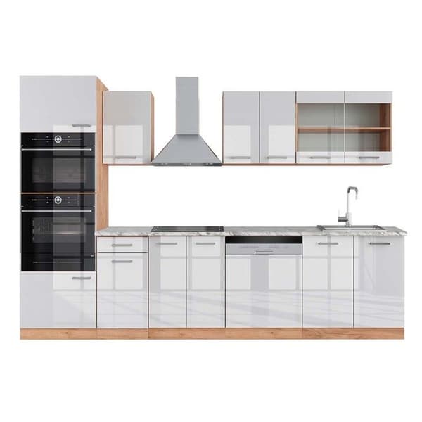 R-Line kök, 300 cm med högskåp, PT Marble, Blank vit/Gyllene ek, Vicco