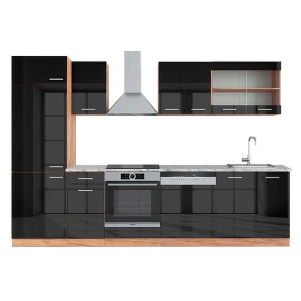 R-Line kök, 300 cm, PT Marmor, Blank antracit/Gyllene ek, Vicco