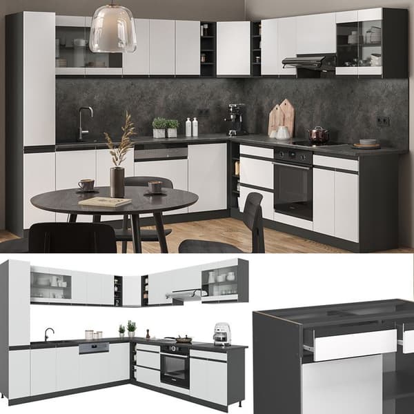 Hörnkök R-Line, 257 x 277 cm J-Shape, PT Ek, vit/antracit, Vicco