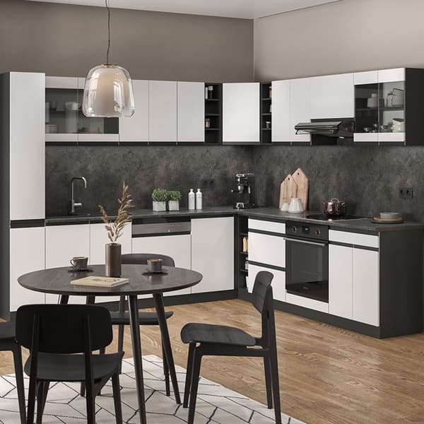 Hörnkök R-Line, 257 x 277 cm J-Shape, PT Ek, vit/antracit, Vicco