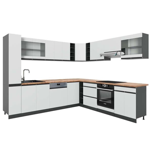 Hörnkök R-Line, 257 x 277 cm J-Shape, PT Ek, vit/antracit, Vicco