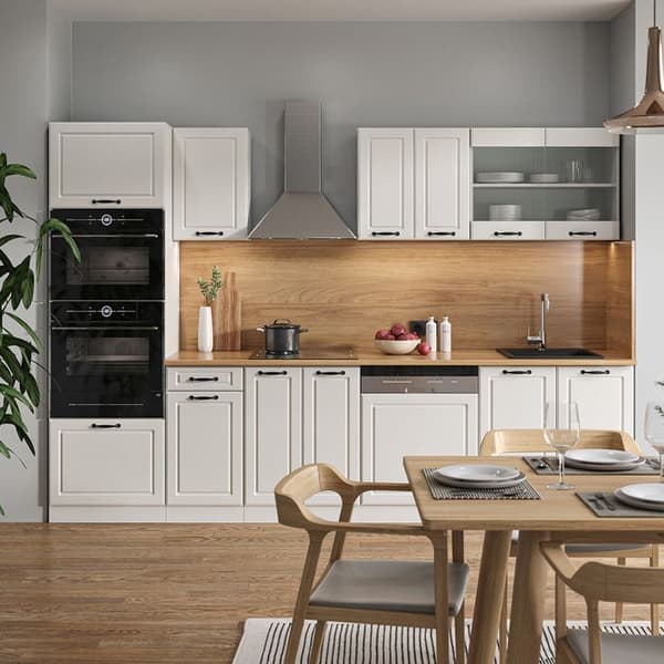 R-Line kök, 300 cm med högskåp, PT Marble, Country vit/vit, Vicco