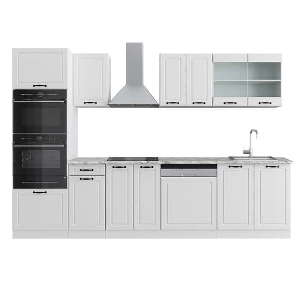 R-Line kök, 300 cm med högskåp, PT Marble, Country vit/vit, Vicco