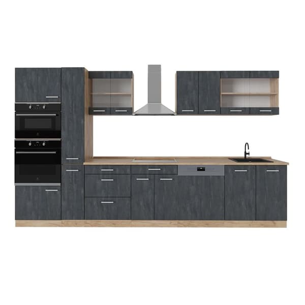 R-Line kök, 350 cm utan bänkskiva, Svart betong/guld ek, Vicco