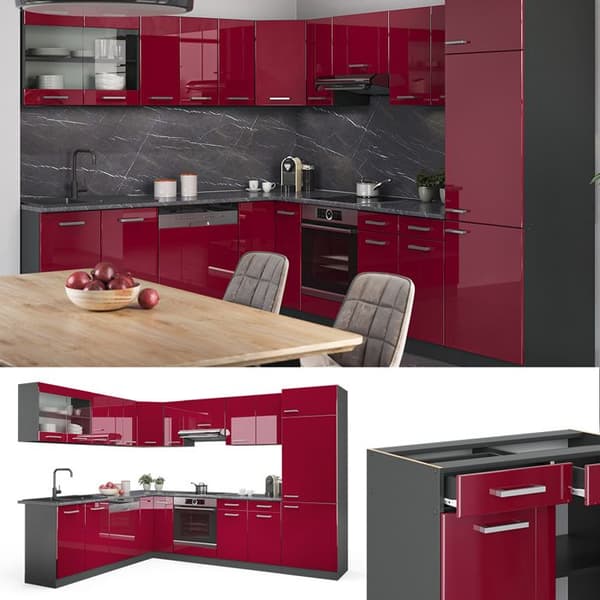 R-Line hörnkök, 227 x 287 cm, PT Marble, Bordeaux högblank/antracit, Vicco