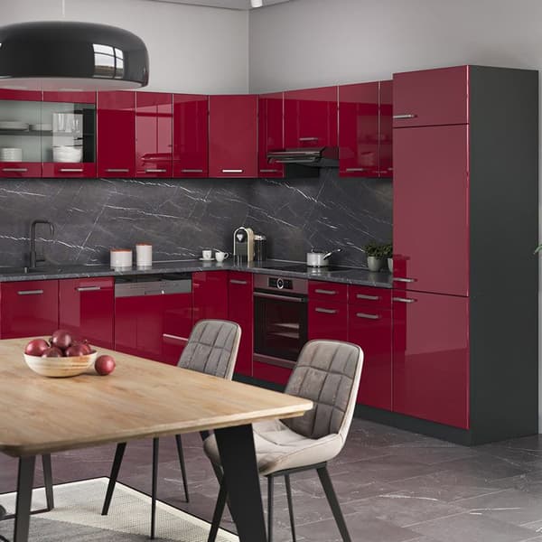 R-Line hörnkök, 227 x 287 cm, PT Marble, Bordeaux högblank/antracit, Vicco
