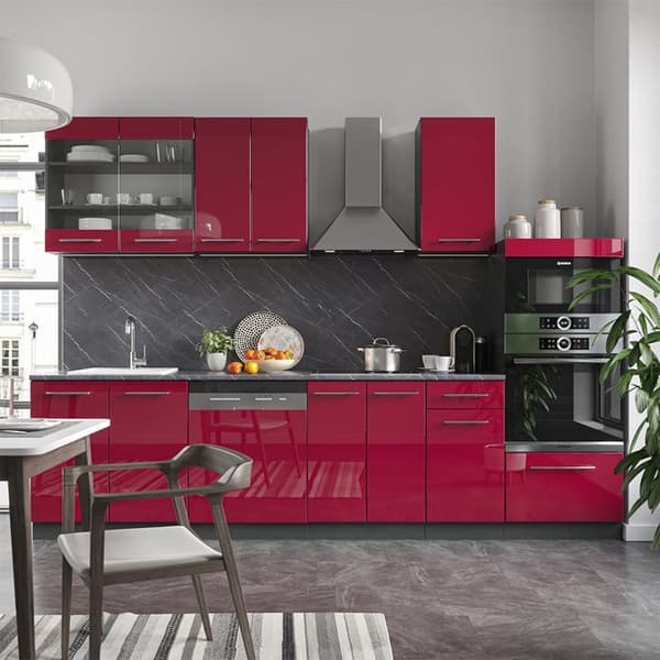 Fame-Line kök, 300 cm med högskåp, PT Antracit, Bordeaux högglans/antracit, Vicco