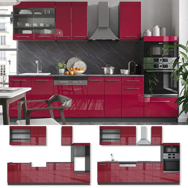 Fame-Line kök, 300 cm med högskåp, PT Antracit, Bordeaux högglans/antracit, Vicco