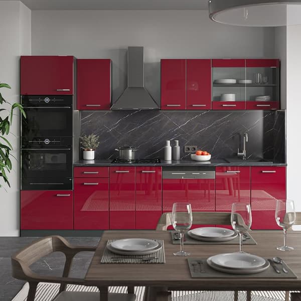 R-Line kök, 300 cm med högskåp, PT Ek, Bordeaux högglans/antracit, Vicco