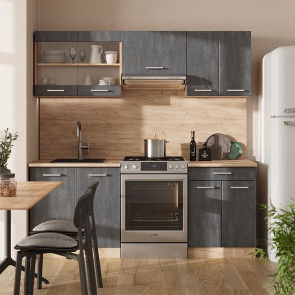 R-Line kökslinje, 200 cm PT Ek, Svart betong/guld ek, Vicco