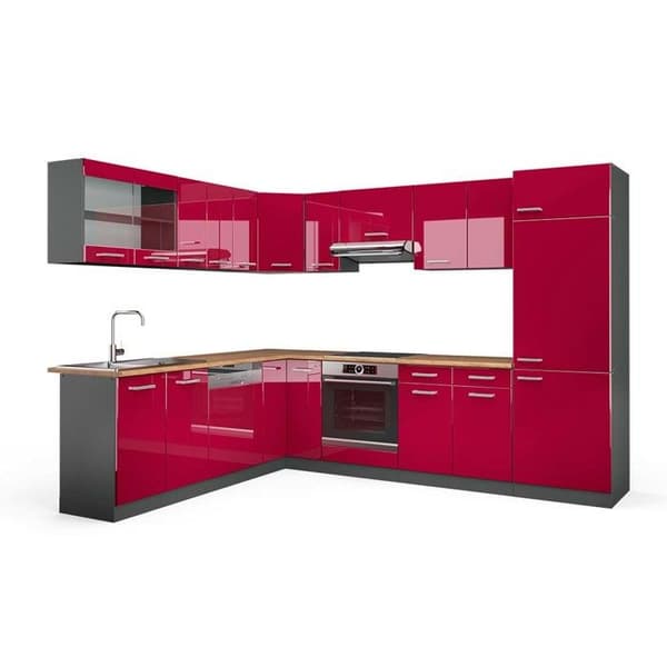 R-Line hörnkök, 227 x 287 cm, PT Ek, Bourgogne högblank/antracit, Vicco