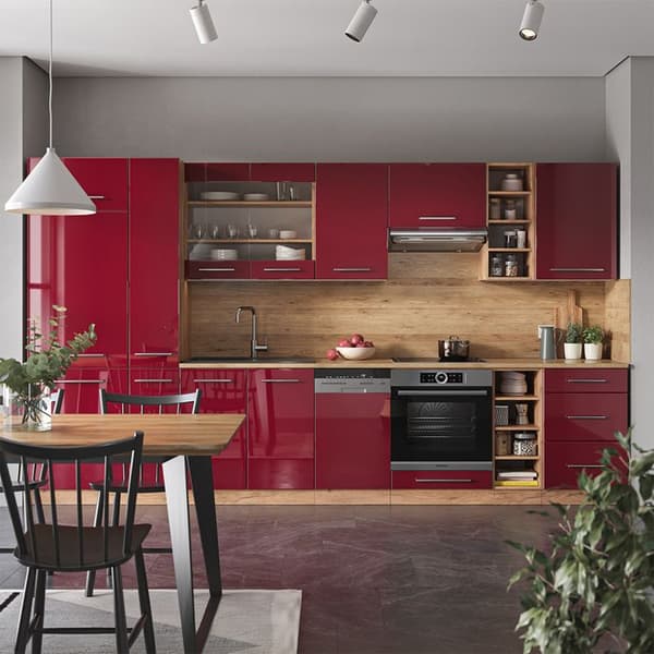 Fame-Line kök, 355 cm, PT Marble, Blank Bordeaux/Golden Oak, Vicco
