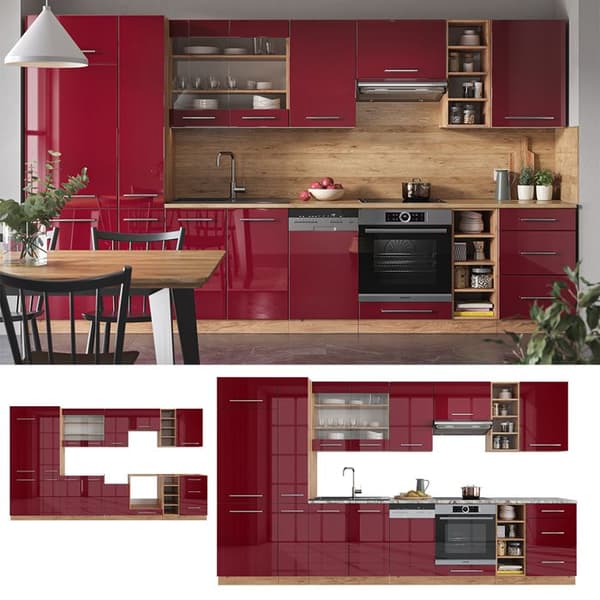 Fame-Line kök, 355 cm, PT Marble, Blank Bordeaux/Golden Oak, Vicco