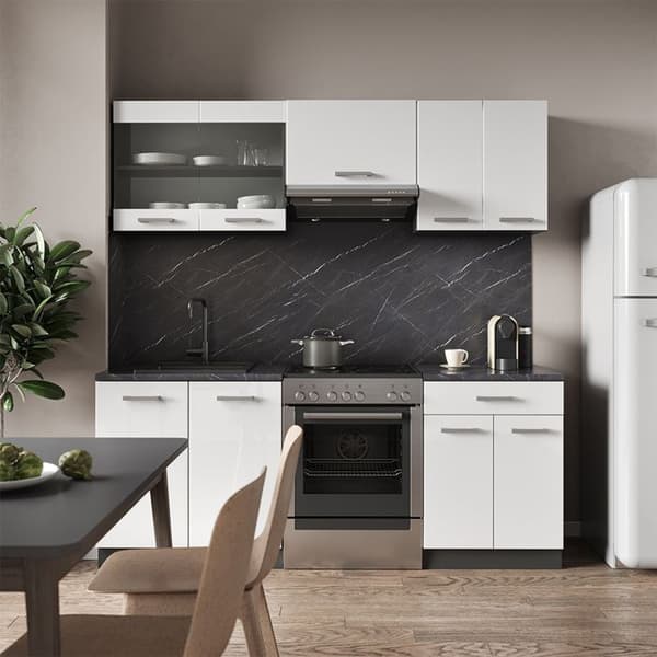 R-Line kök, 200 cm, PT Marble, Blank vit/Antracit, Vicco