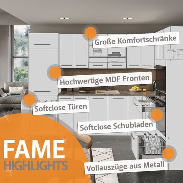 Fame-Line kök, 355 cm, PT Marble, Lanthus antracit/vit, Vicco