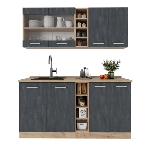 R-Line kök, 160 cm PT Ek, Svart betong/guld ek, Vicco