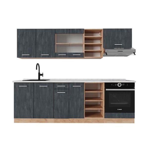 R-Line kök, 240 cm PT Marmor, Svart betong/guld ek, Vicco
