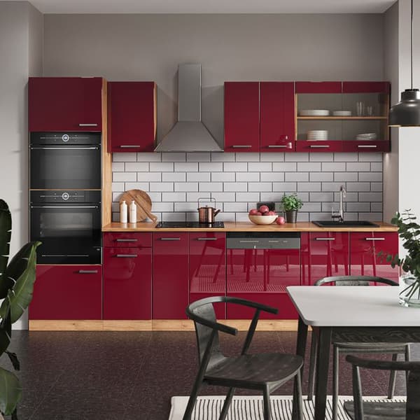 R-Line kök, 300 cm med högskåp, PT Antracit, Bordeaux blank/Gyllene ek, Vicco