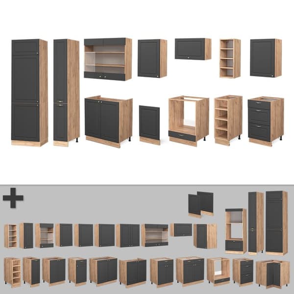Fame-Line kök, 355 cm, PT Marble, Country Antracit/Golden Oak, Vicco