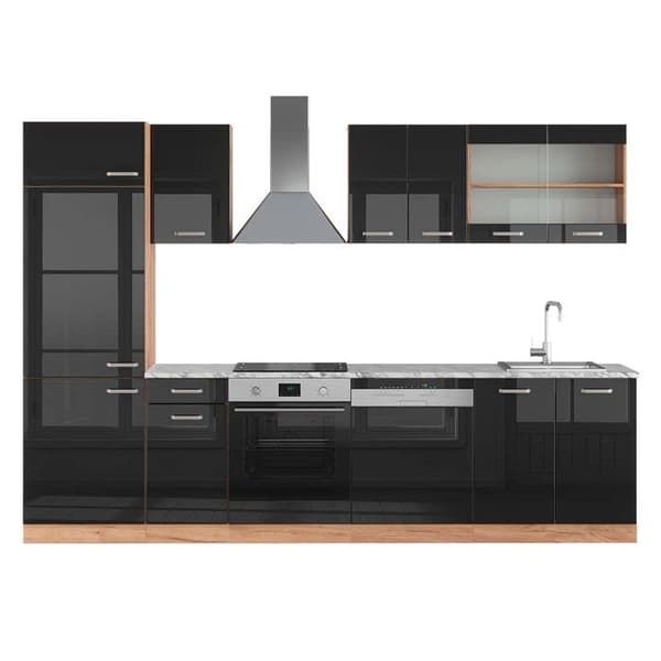 R-Line kök, 300 cm, PT Marble, Blank svart/Gyllene ek, Vicco