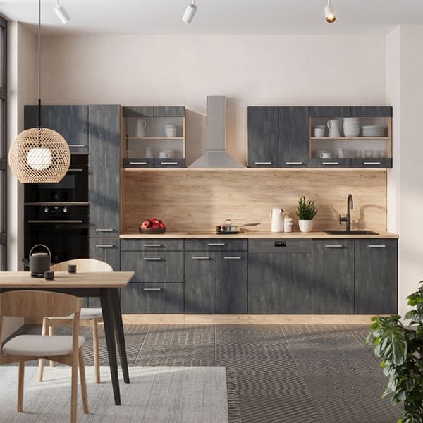 R-Line komplett kök, 350 cm, PT Ek, Svart betong/guld ek, Vicco