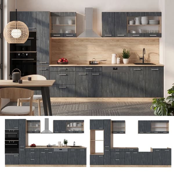 R-Line komplett kök, 350 cm, PT Ek, Svart betong/guld ek, Vicco