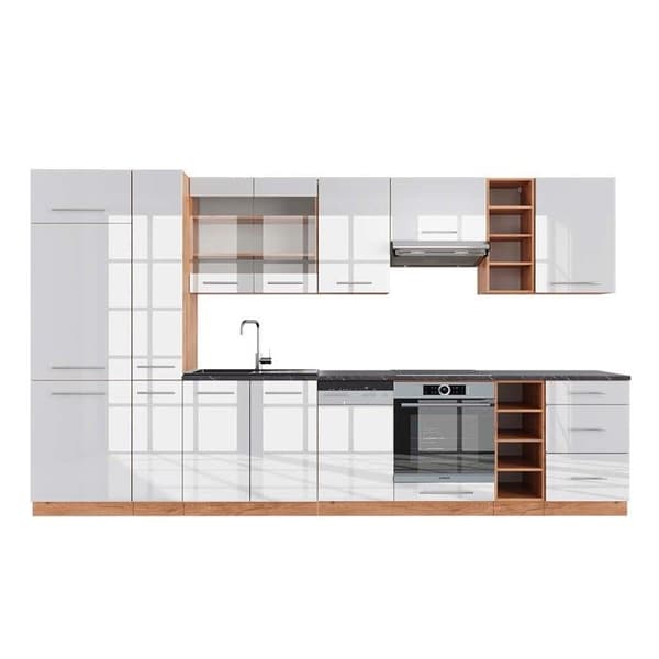 Fame-Line kök, 355 cm, PT Antracit, Blank vit/Gyllene ek, Vicco