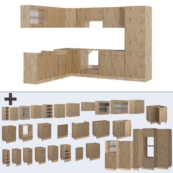 R-Line hörnkök, 227 x 287 cm, PT Marble, Artisan Oak/Golden Oak, Vicco