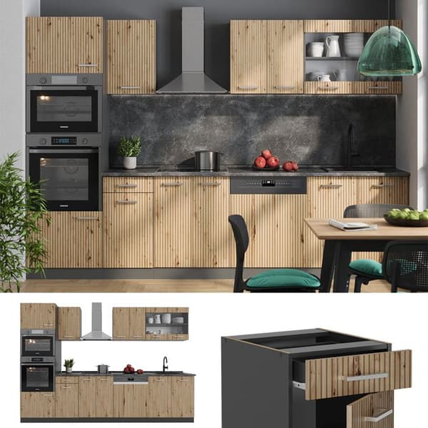 R-Line kök, 300 cm med högskåp, utan bänkskiva, Artisan Ek/Antracit, Vicco