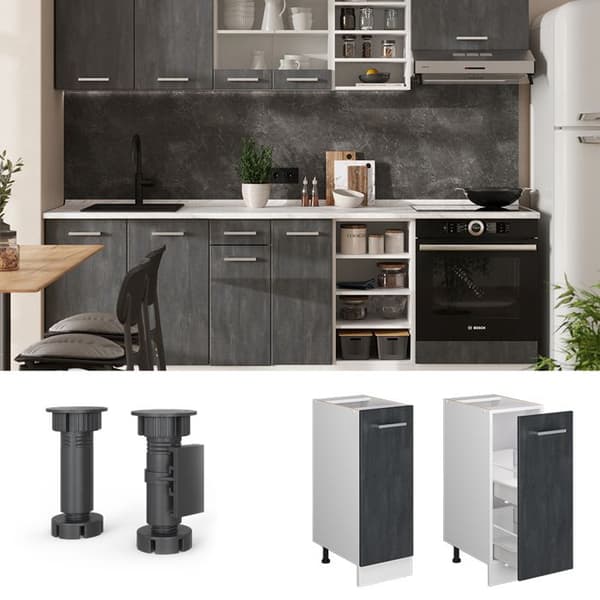 Köksmöbel R-Line, 30cm PT Ek, Svart betong, Vit, Vicco