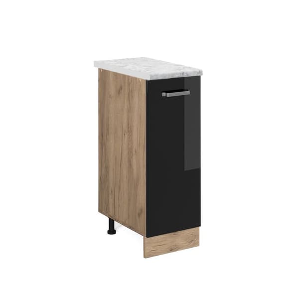 Köksmöbel R-Line, 30 cm PT Marmor, Svart hög glans, Guldbrun ek, Vicco