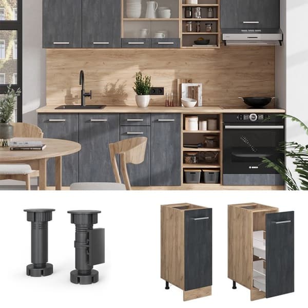 Köksbänk R-Line, 30cm PT Antracit, Svart betong, Gyllene ek, Vicco