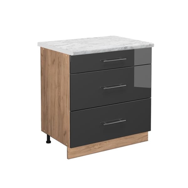 Köksmöbel Fame-Line, 80 cm med 3 lådor, PT Marmor, Antracit Hög glans, Gyldene ek, Vicco
