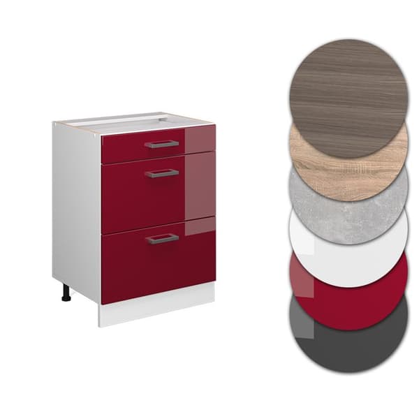 Köksmöbel R-Line, 60 cm med lådor, PT Antracit, Bordeaux röd hög glans, Vit, Vicco