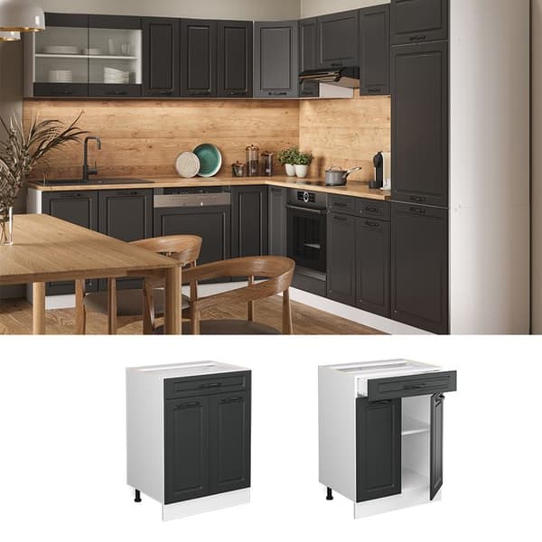 Köksmöbel R-Line, 60 cm med låda, PT Ek, Anthracite landsbygd, Vit, Vicco