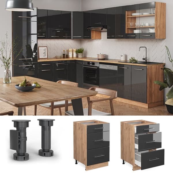 Köksmöbel Fame-Line, 50 cm utan PT, Anthracite högblanka, Gyllene ek, Vicco