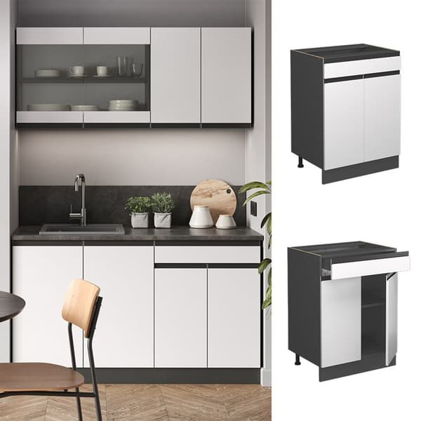 Möbel kök R-Line, 60cm J-form, med låda, utan PT, Vit, Antracit, Vicco