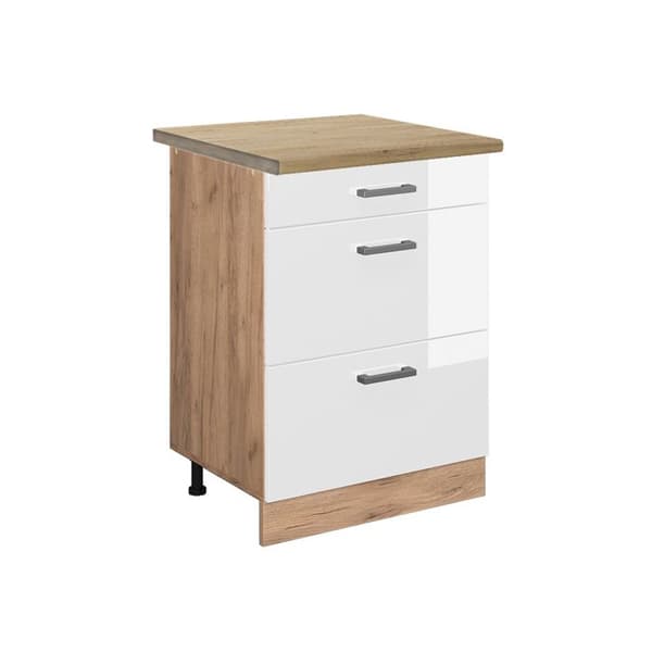 Köksmöbel R-Line, 60 cm med lådor, PT Ek, Vit högglans, Guldstål ek, Vicco