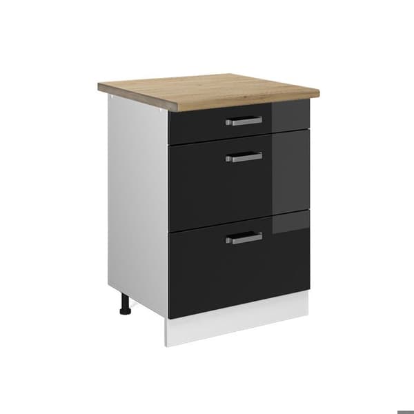 Köksmöbel R-Line, 60 cm med lådor, PT Ek, Svart hög glans, Vit, Vicco