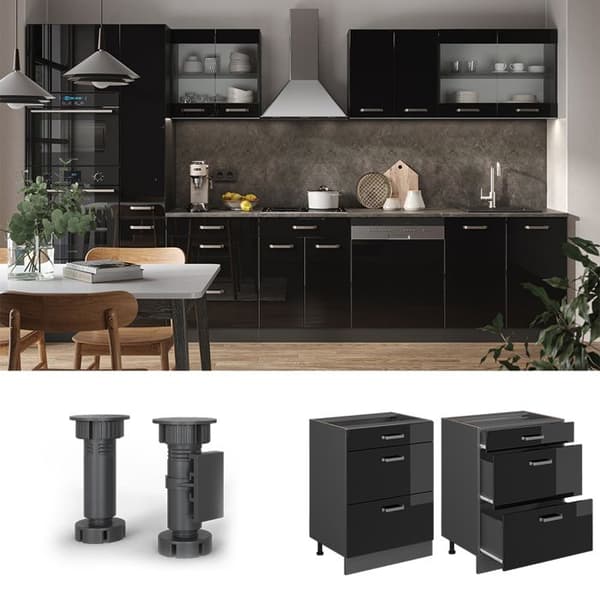 Köksmöbel R-Line, 60 cm med lådor, PT Antracit, Svart hög glans, Antracit, Vicco