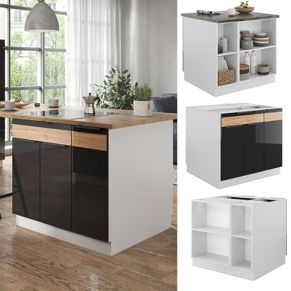 Vicco Fame-Line köksö, blank svart ek/vit, 90 cm med låda, utan bänkskiva