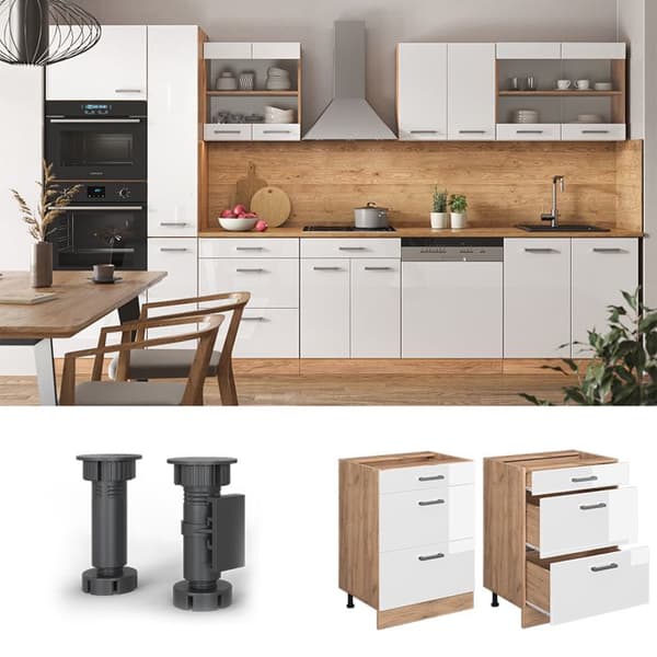 Köksmöbel R-Line, 60cm med lådor, PT Antracit, Vit högglans, Gyldene ek, Vicco