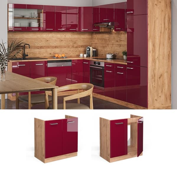 Under-basin cabinet R-Line, 80cm, PT Ek, Bordeaux hög glans, Gyllene ek, Vicco
