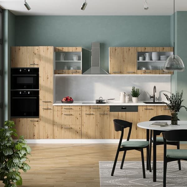 R-Line kök, 350 cm med högskåp, PT Marble, Artisan ek/vit, Vicco