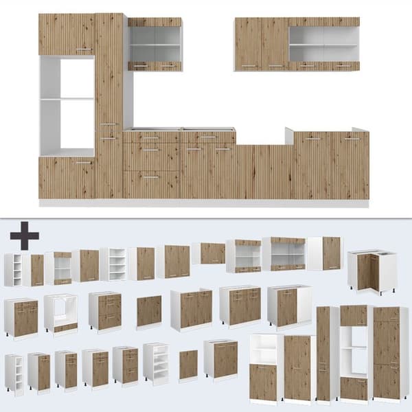 R-Line kök, 350 cm med högskåp, PT Marble, Artisan ek/vit, Vicco